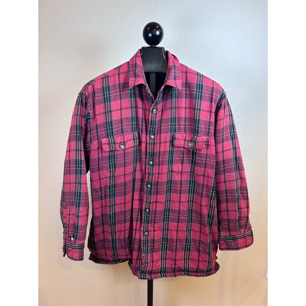 St Johns Bay Mens XL Red Black Plaid Quilted Flannel Shirt Jacket Shacket Lined